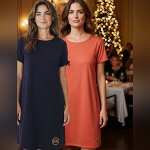 Michael Kors - Red Or Navy Blue, Shift Dress, Short Sleeve, Round Neck, Logo